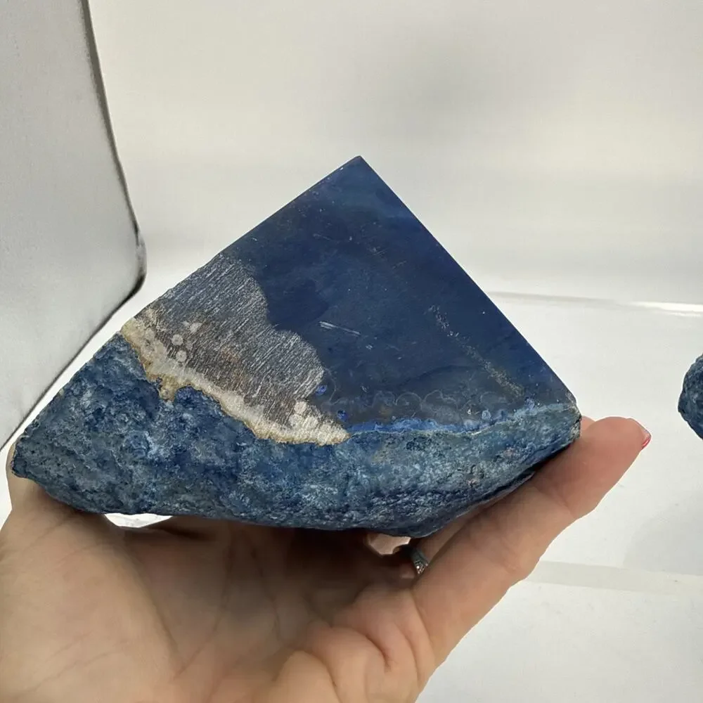 1 Pair 5.25” Polished Blue Brazilian Agate Geodes Bookends W/Beautiful Crystals